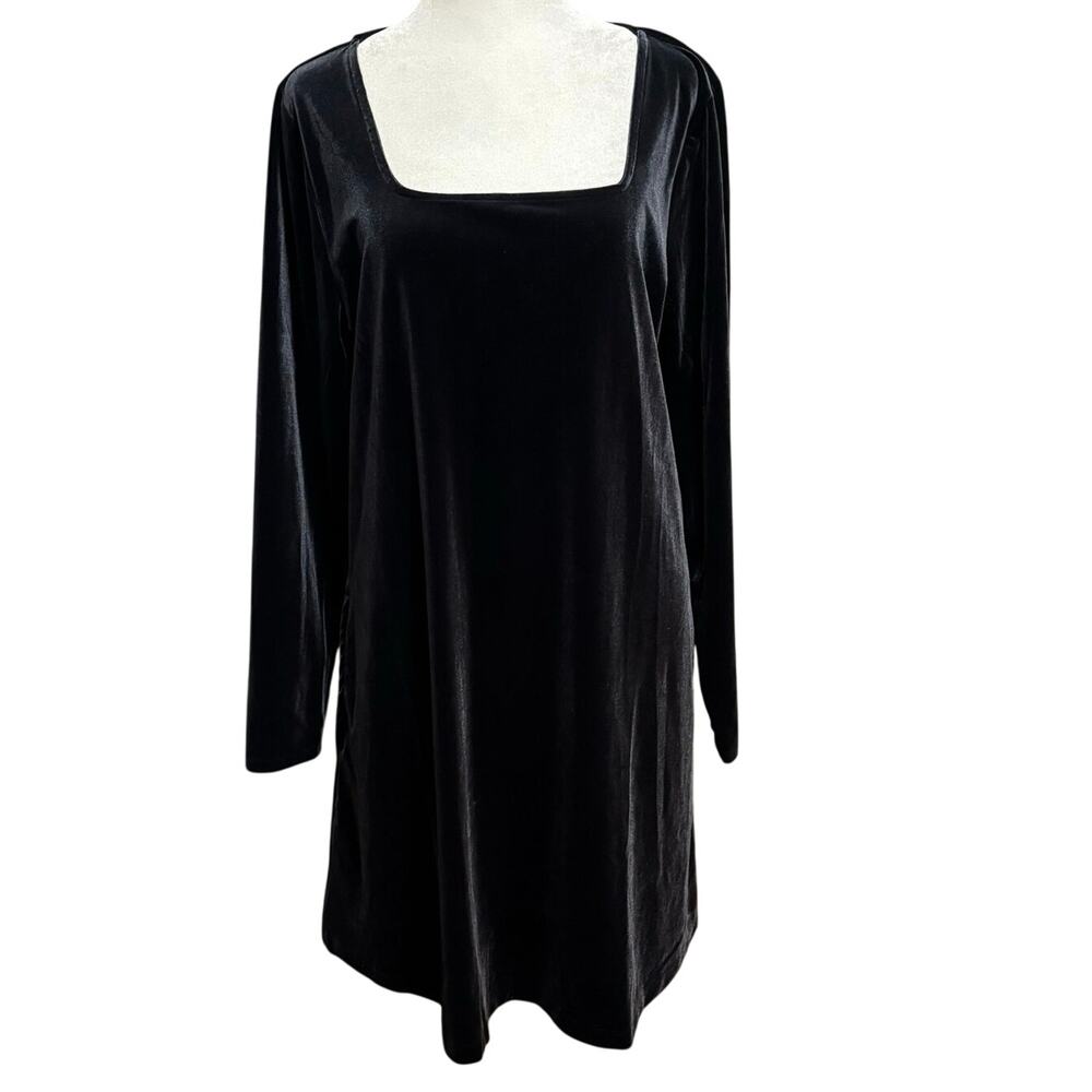 Lands End Size L 14 16 Velvet Mini Shift Dress Square Neck Long Sleeve